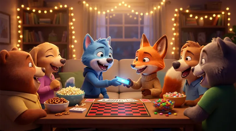 Cartoon friends laughing around a table at game night with cards, a checkers board and a phone