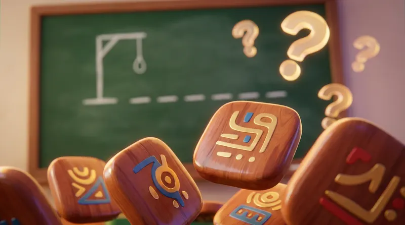 A chalkboard hangman game with letter blanks and crossed-out guessed letters