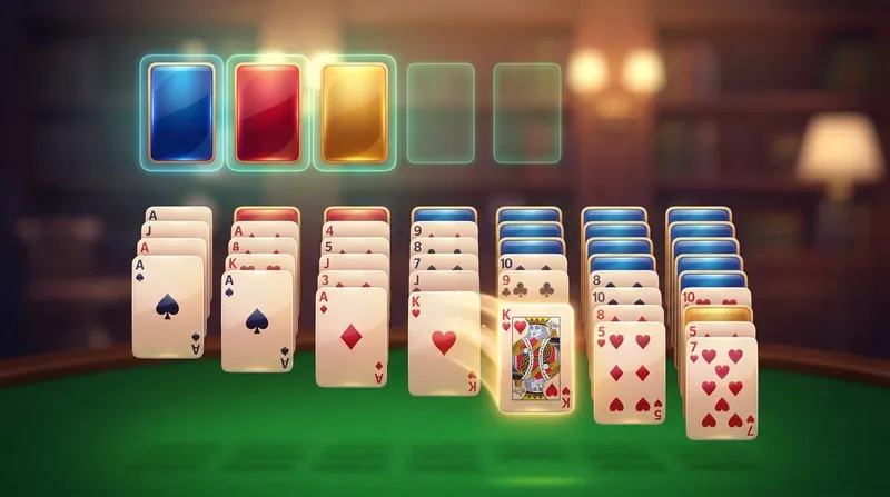 A glossy 3D FreeCell layout with eight fanned columns of face-up cards, four free cells holding two cards and four foundation piles topped by aces on a blue felt table