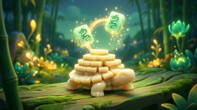 A glossy 3D mahjong solitaire board with ivory tiles stacked in layers, two matching bamboo tiles lifting off the top of the stack above a jade green table