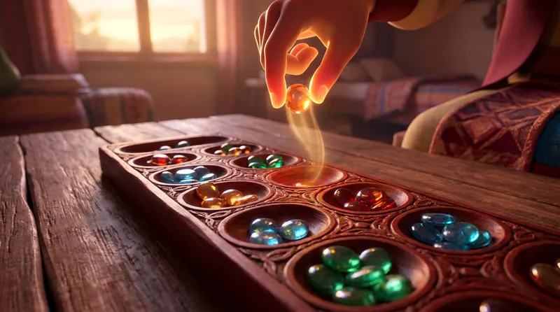 A wooden Mancala board with colourful glass stones in the pits and two large stores