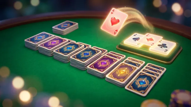 A glossy 3D solitaire layout with seven fanned card columns, four neat foundation piles topped by aces and a deck of cards on a green felt table