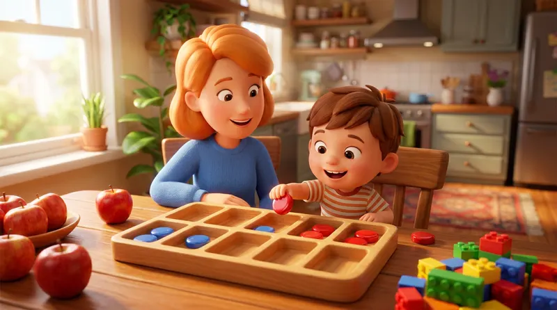 A child adding colorful counters on a ten frame at a kitchen table