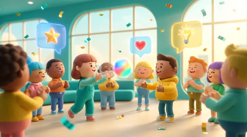Cartoon group standing in a circle tossing a ball, with speech bubbles showing a star, a heart and a light bulb