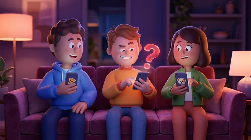 Friends sitting in a circle holding phones, one with a question mark card, playing the imposter game