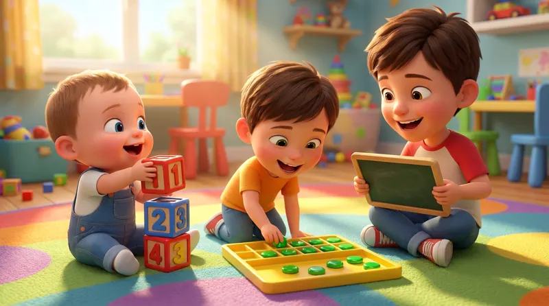 Three children of different ages playing number games with blocks and counters