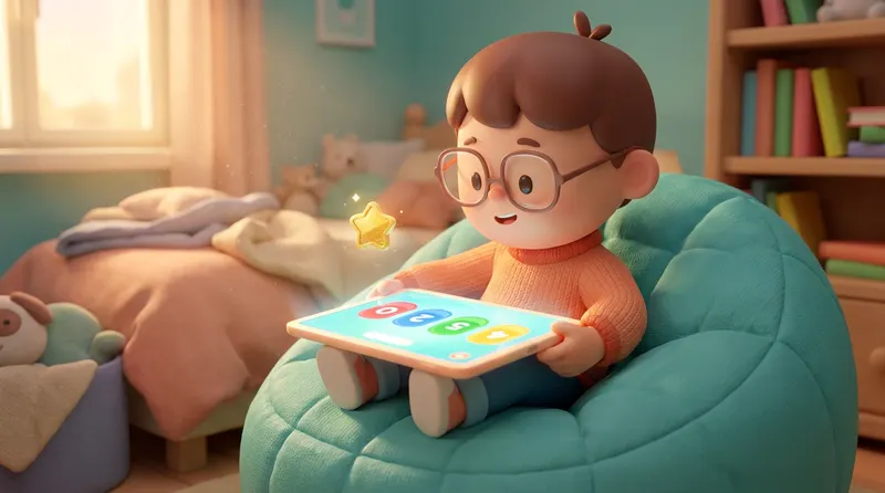 A focused child playing a calm math game on a tablet with colorful counters on screen