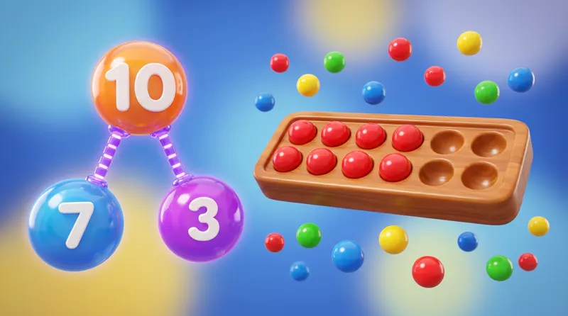 A ten frame with red and blue counters next to a number bond diagram