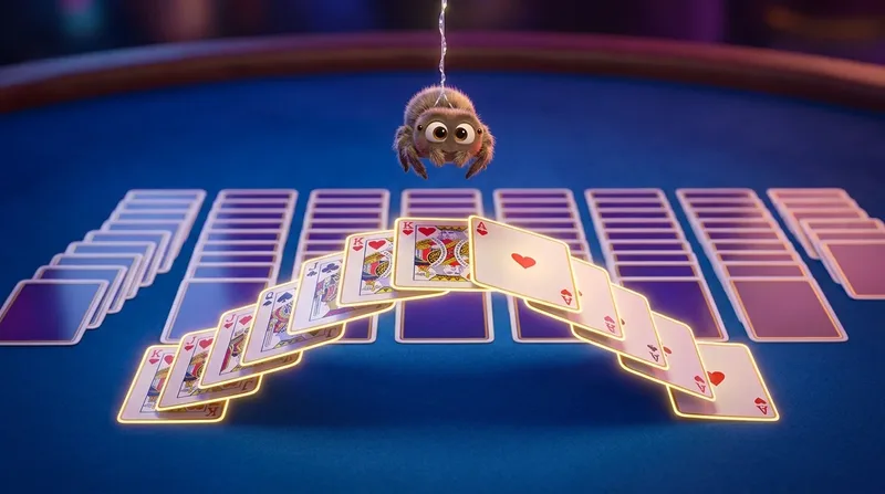 A glossy 3D spider solitaire table with ten columns of fanned cards, a completed King-to-Ace run lifting off the board and a small cartoon spider beside the deck