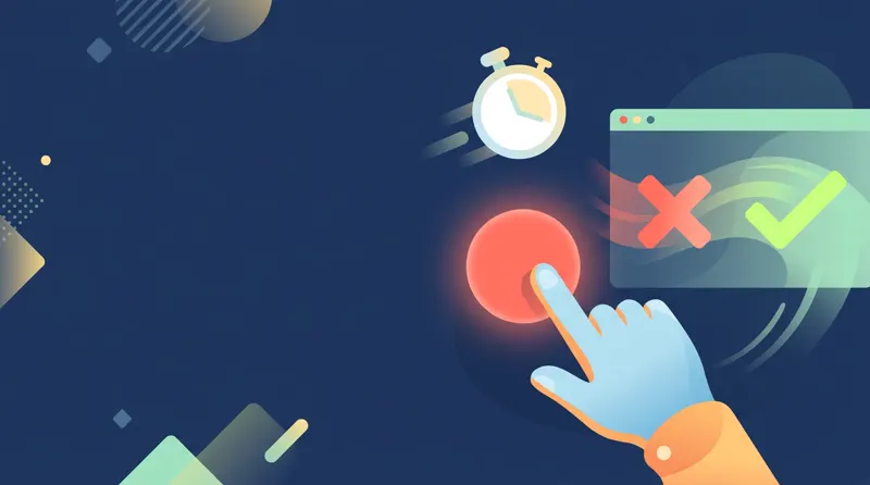 A finger about to press a glowing red button beside a screen showing a green check, with a stopwatch above