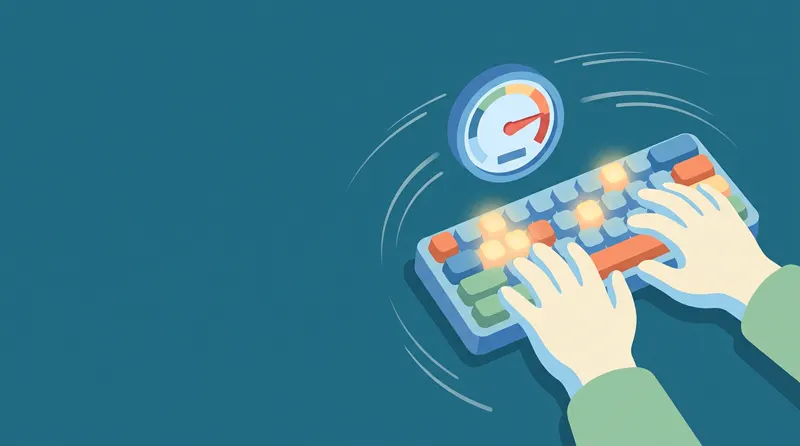 Hands typing on a keyboard with a speedometer showing words per minute